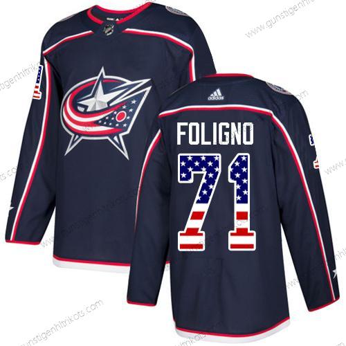 Adidas Jugend Columbus Blue Jackets #71 Nick Foligno Heimtrikots Authentisch USA Flag Strickerei NHL Trikots – Marineblau Blau