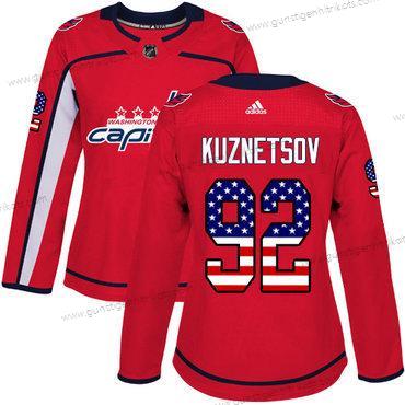 Frauen Didas Washington Capitals #92 Evgeny Kuznetsov Heimtrikots Authentisch USA Flag Strickerei NHL Trikots – Rot