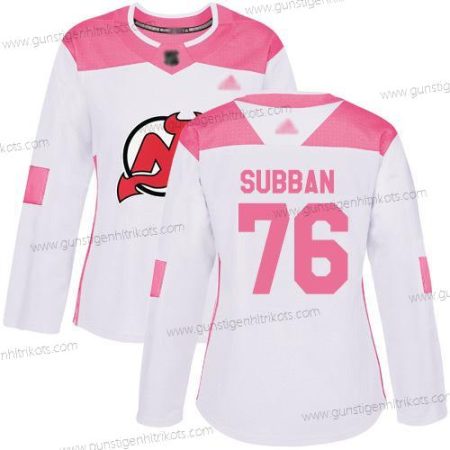 Frauen New Jersey Devils #76 P. K. Subban Authentisch Strickerei Hockey Trikots – Weiß Rosa