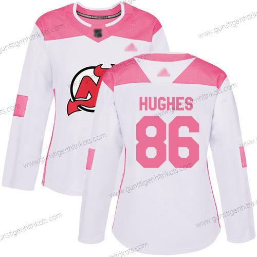 Frauen New Jersey Devils #86 Jack Hughes Authentisch Strickerei Hockey Trikots – Weiß Rosa