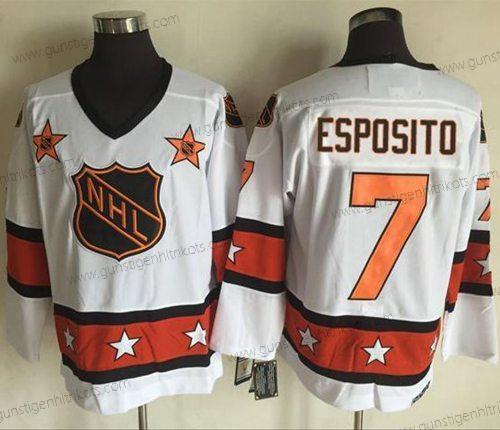 Herren 1972-81 NHL All-Star #7 Phil Esposito CCM Strickerei Vintage Hockey Trikots – Weiß