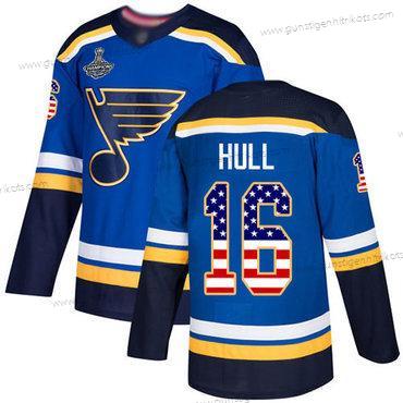 Herren Blaus #16 Brett Hull Heimtrikots Authentisch USA Flag Stanley Cup Champions Strickerei Hockey Trikots – Blau