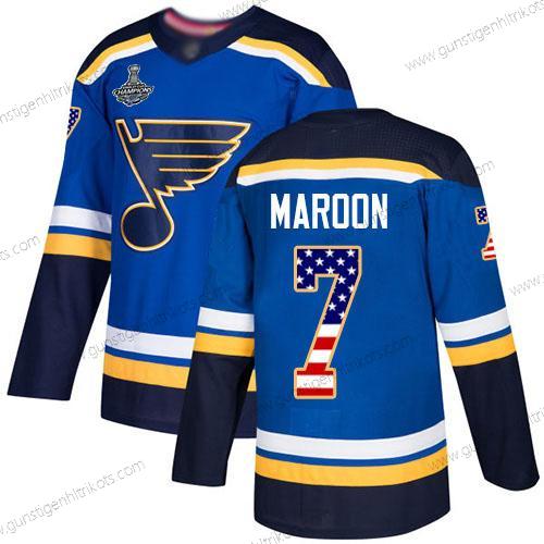 Herren Blaus #7 Patrick Maroon Heimtrikots Authentisch USA Flag Stanley Cup Champions Strickerei Hockey Trikots – Blau