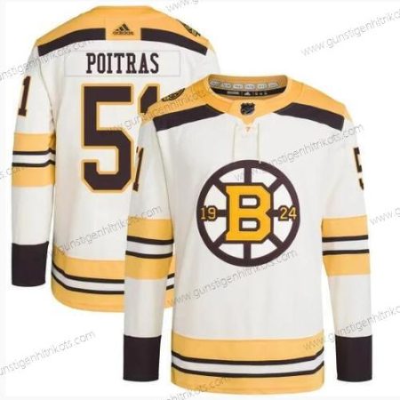 Herren Boston Bruins #51 Matthew Poitras 100th Jahrestag Strickerei Trikots – Creme