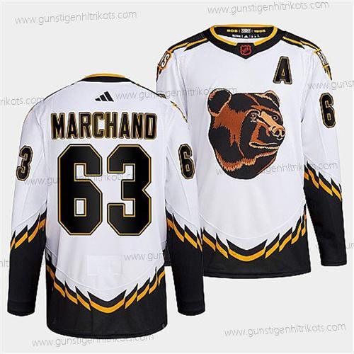 Herren Boston Bruins #63 Brad Marchand 2022 Rückseite Retro Strickerei Trikots – Weiß