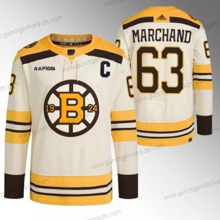 Herren Boston Bruins #63 Brad Marchand With Rapid7 Patch 100th Jahrestag Strickerei Trikots – Creme