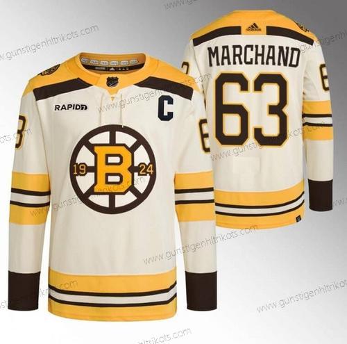 Herren Boston Bruins #63 Brad Marchand With Rapid7 Patch 100th Jahrestag Strickerei Trikots – Creme