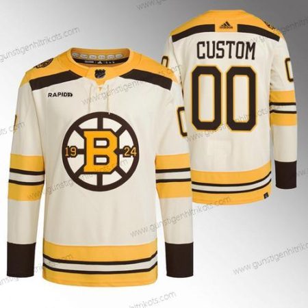 Herren Boston Bruins Personalisiertes With Rapid7 Patch 100th Jahrestag Strickerei Trikots – Creme