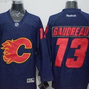 Herren Calgary Flames #13 Johnny Gaudreau Denim Fabric Trikots – Marineblau Blau