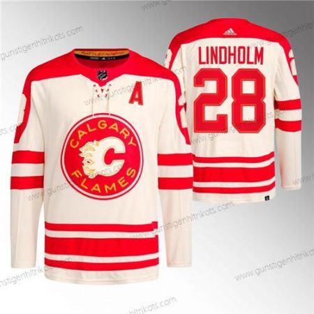 Herren Calgary Flames #28 Elias Lindholm 2023 Klassisch Primegreen Strickerei Trikots – Creme