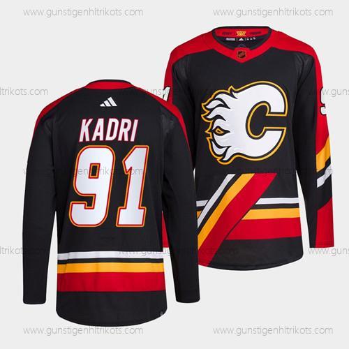 Herren Calgary Flames #91 Nazem Kadri 2022-23 Rückseite Retro Strickerei Trikots – Schwarz