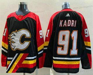 Herren Calgary Flames #91 Nazem Kadri 2022 Rückseite Retro Strickerei Trikots – Schwarz