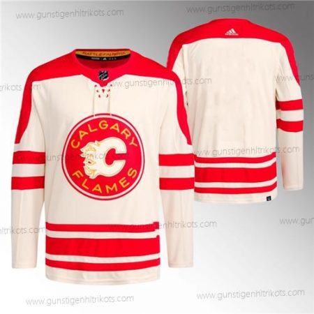 Herren Calgary Flames Leer 2023 Klassisch Primegreen Strickerei Trikots – Creme