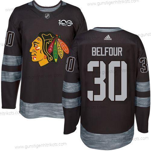 Herren Chicago Blackhawks #30 Ed Belfour 1917-2017 100th Jahrestag Strickerei NHL Trikots – Schwarz