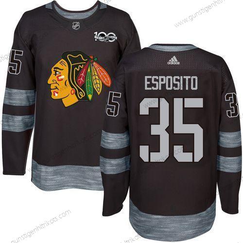 Herren Chicago Blackhawks #35 Tony Esposito 1917-2017 100th Jahrestag Strickerei NHL Trikots – Schwarz