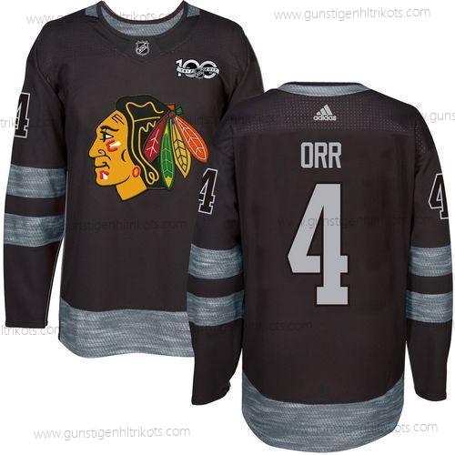 Herren Chicago Blackhawks #4 Bobby Orr 1917-2017 100th Jahrestag Strickerei NHL Trikots – Schwarz