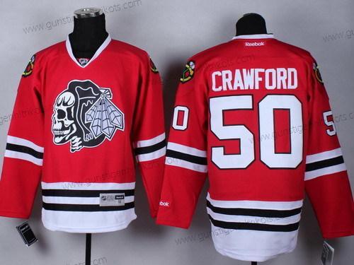 Herren Chicago Blackhawks #50 Corey Crawford With Skulls Trikots – Rot Schwarz