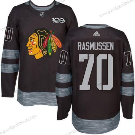 Herren Chicago Blackhawks #70 Dennis Rasmussen 1917-2017 100th Jahrestag Strickerei NHL Trikots – Schwarz