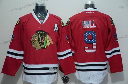 Herren Chicago Blackhawks #9 Bobby Hull USA Flag Trikots – Rot