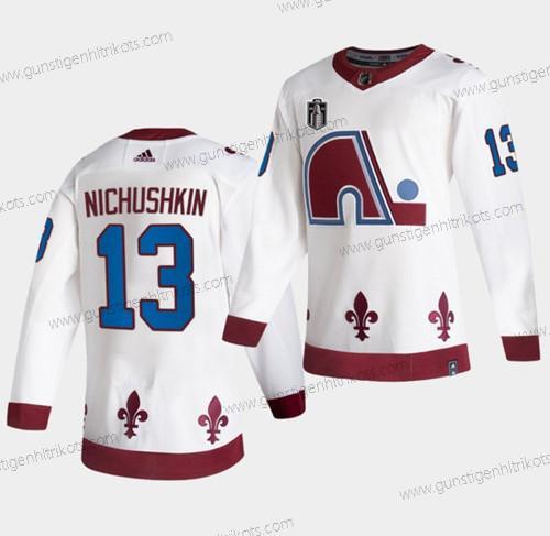 Herren Colorado Avalanche #13 Valeri Nichushkin 2022 Stanley Cup Final Patch Rückseite Retro Strickerei Trikots – Weiß