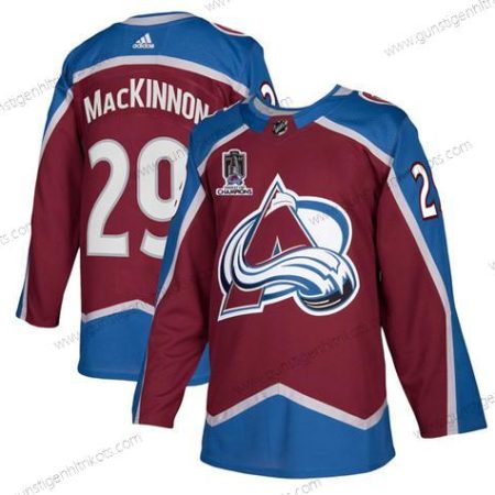 Herren Colorado Avalanche #29 Nathan Mackinnon 2022 Stanley Cup Champions Patch Strickerei Trikots – Rot Blau