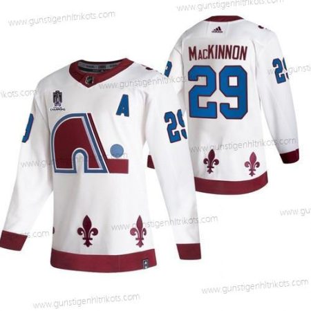 Herren Colorado Avalanche #29 Nathan Mackinnon 2022 Stanley Cup Champions Patch Strickerei Trikots – Weiß