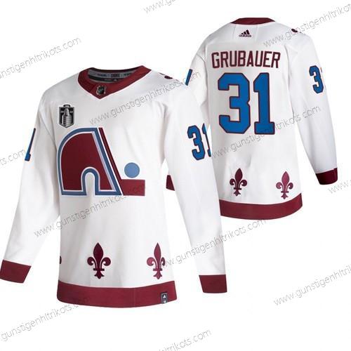 Herren Colorado Avalanche #31 Philipp Grubauer 2022 Stanley Cup Final Patch Rückseite Retro Strickerei Trikots – Weiß