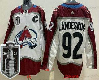 Herren Colorado Avalanche #92 Gabriel Landeskog 2022 Stanley Cup Strickerei Trikots – Weiß