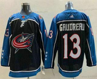 Herren Columbus Blue Jackets #13 Johnny Gaudreau 2022 Rückseite Retro Strickerei Trikots – Schwarz