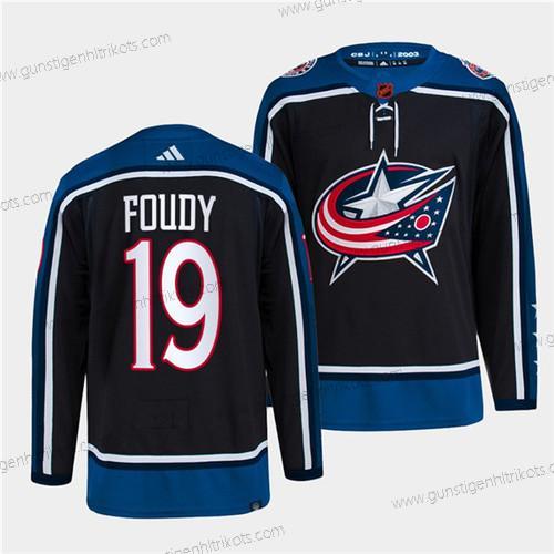 Herren Columbus Blue Jackets #19 Liam Foudy 2022 Rückseite Retro Strickerei Trikots – Marineblau