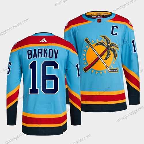 Herren Florida Panthers #16 Aleksander Barkov 2022 Rückseite Retro Strickerei Trikots – Blau