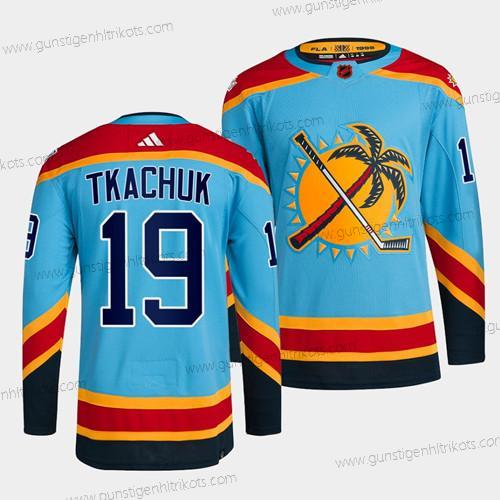 Herren Florida Panthers #19 Matthew Tkachuk 2022 Rückseite Retro Strickerei Trikots – Blau