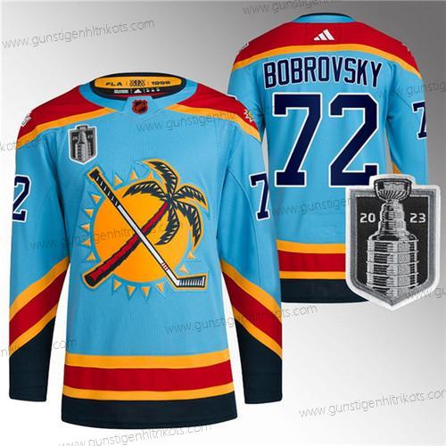 Herren Florida Panthers #72 Sergei Bobrovsky 2023 Stanley Cup Final Rückseite Retro Strickerei Trikots – Blau