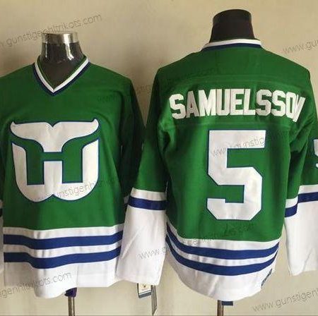 Herren Hartford Whalers #5 Ulf Samuelsson CCM Retro Strickerei NHL Trikots – Grün