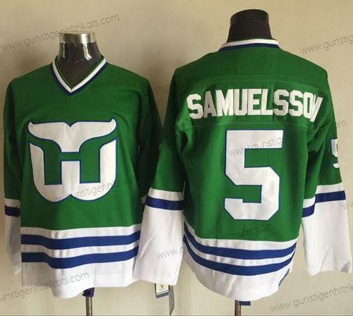 Herren Hartford Whalers #5 Ulf Samuelsson CCM Retro Strickerei NHL Trikots – Grün