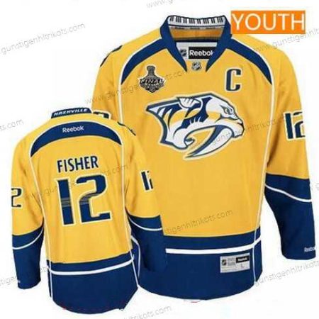 Herren Jugend Nashville Predators #12 Mike Fisher 2017 Stanley Cup Finals C Patch Strickerei NHL Reebok Hockey Trikots – Gelb