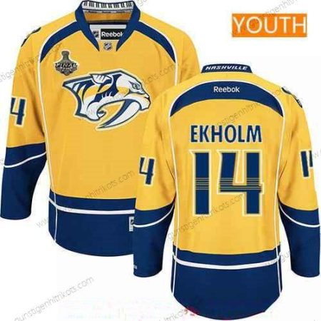 Herren Jugend Nashville Predators #14 Mattias Ekholm 2017 Stanley Cup Finals Patch Strickerei NHL Reebok Hockey Trikots – Gelb