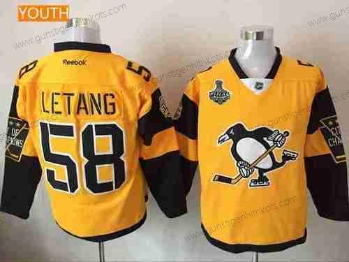 Herren Jugend Pittsburgh Penguins #58 Kris Letang Stadium Series 2017 Stanley Cup Finals Patch Strickerei NHL Reebok Hockey Trikots – Gelb