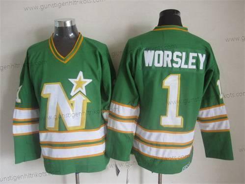 Herren Minnesota North Dallas Stars #1 Gump Worsley 1977-78 CCM Vintage Trikots – Grün