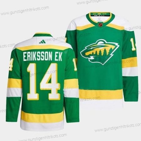 Herren Minnesota Wild #14 Joel Eriksson Ek 2022-23 Rückseite Retro Strickerei Trikots – Grün