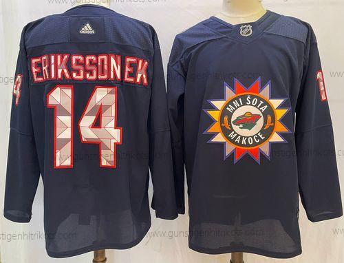 Herren Minnesota Wild #14 Joel Eriksson Ek 2022 Native Amerikan Heritage Day Strickerei Trikots – Marineblau