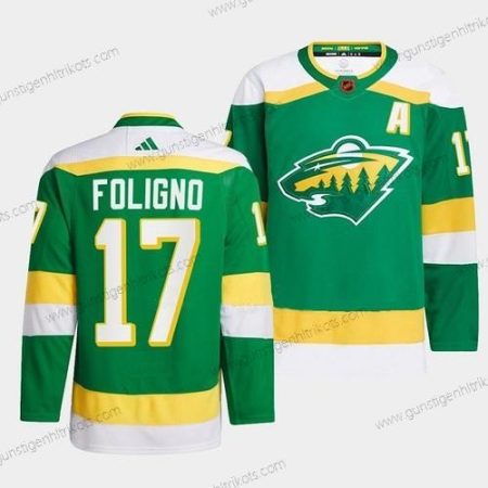 Herren Minnesota Wild #17 Marcus Foligno 2022-23 Rückseite Retro Strickerei Trikots – Grün