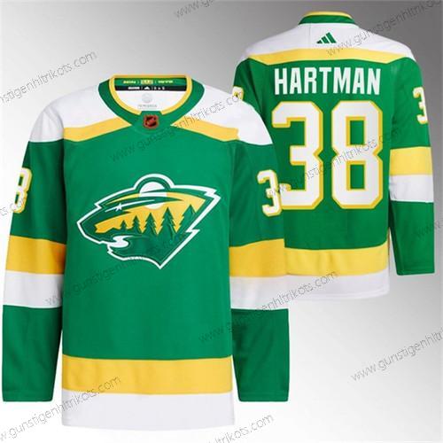 Herren Minnesota Wild #38 Ryan Hartman 2022-23 Rückseite Retro Strickerei Trikots – Grün