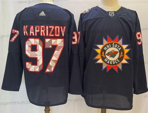 Herren Minnesota Wild #97 Kirill Kaprizov 2022 Native Amerikan Heritage Day Strickerei Trikots – Marineblau