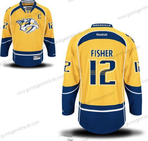 Herren Nashville Predators #12 Mike Fisher Heimtrikots C Patch Strickerei NHL Reebok Hockey Trikots – Gelb