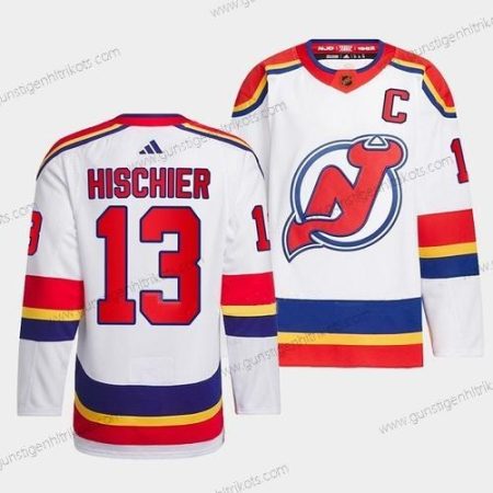 Herren New Jersey Devils #13 Nico Hischier 2022-23 Rückseite Retro Strickerei Trikots – Weiß