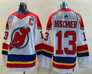 Herren New Jersey Devils #13 Nico Hischier 2022 Rückseite Retro Strickerei Trikots – Weiß