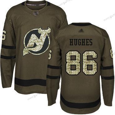 Herren New Jersey Devils #86 Jack Hughes Salute to Service Strickerei Hockey Trikots – Grün