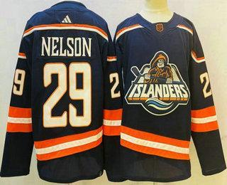 Herren New York Islanders #29 Brock Nelson 2022 Rückseite Retro Strickerei Trikots – Blau