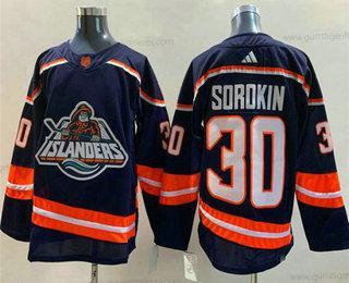 Herren New York Islanders #30 Ilya Sorokin 2022 Rückseite Retro Strickerei Trikots – Marineblau